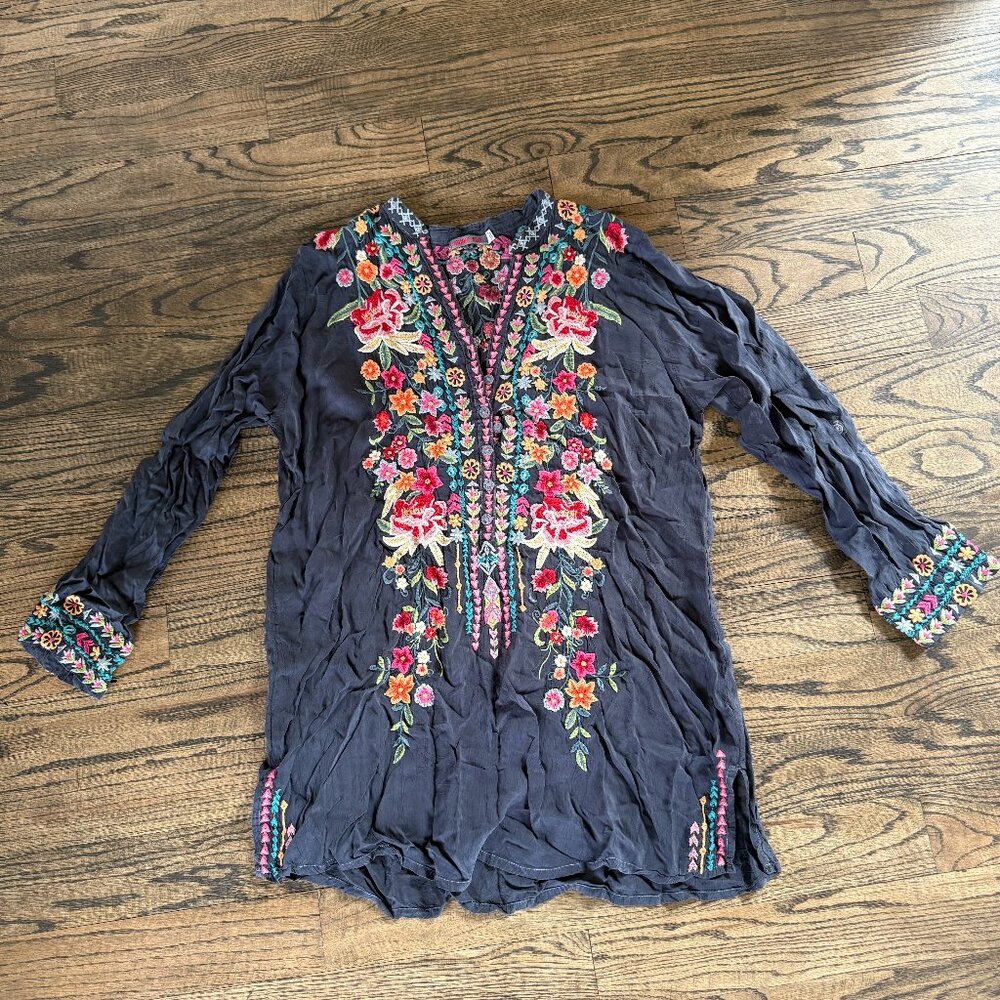 Johnny Was - Black Heavily Embroidered Boho Top Blouse Tunic Sz L